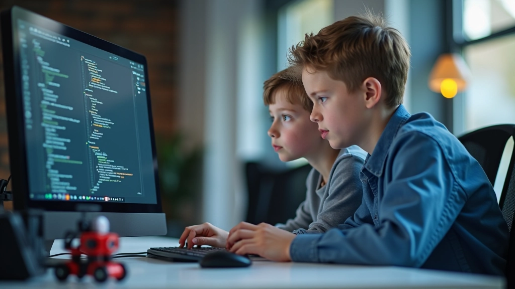 Pieaugušais un bērns kopā pie datora, skatoties programmēšanas kodu ekrānā, klāt robotika komplekts