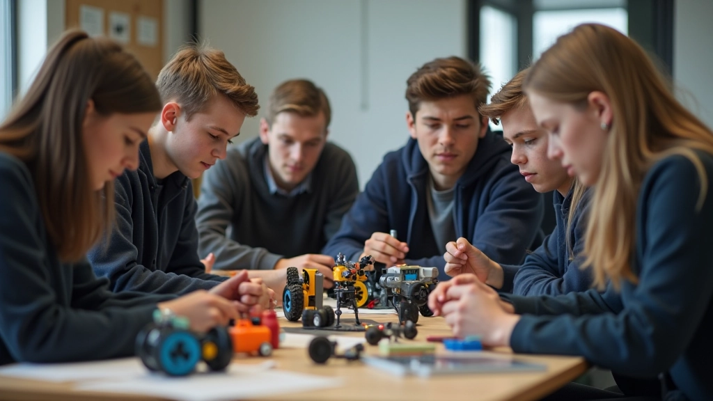 Skolēnu grupa labora ar modernu robotikas komplektu klašu vidē, smaidot un piedaloties projektā