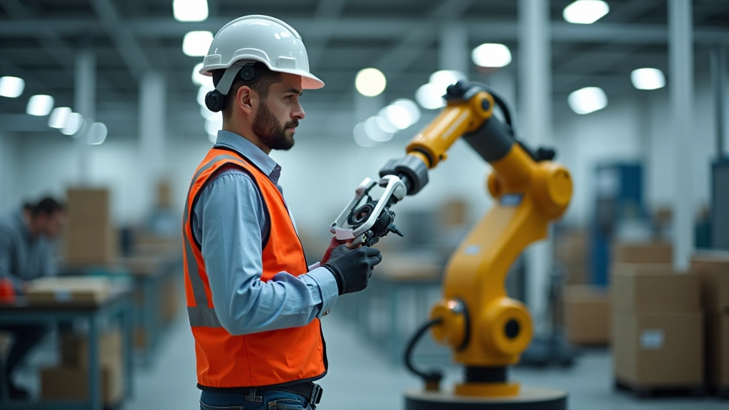 Darbinieks un sadarbības robots kopā montāžas procesā, draudzīga sadarbības vide ar skaidru ergonomisko vidē