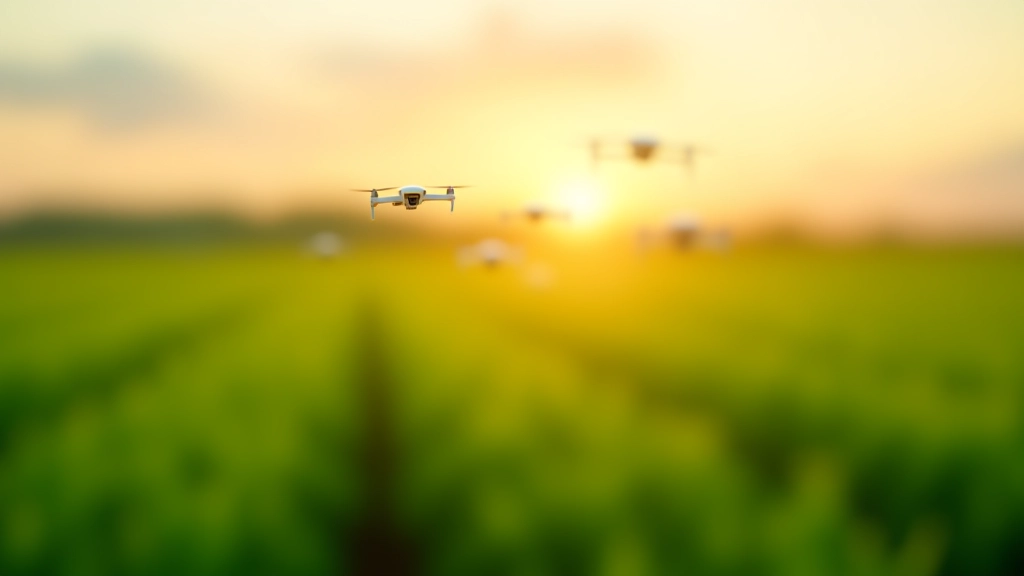 Nākotnes lauksaimniecības koncepcija ar automatizētiem dronu rajiem un sensoru tīkliem