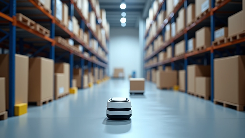 Modernas noliktavas iekšiene ar autonomiem robotiem, kas pārvadā paketes pa plauktu rindām