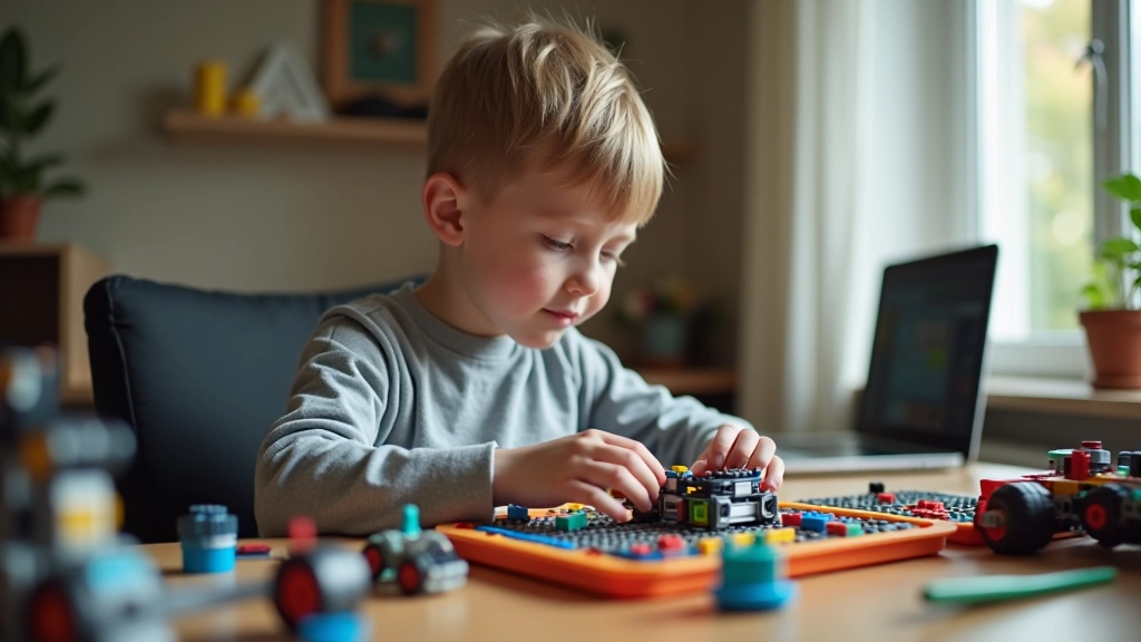 Bērns ar robotiku komplektu, konstruējot un programmējot savu pirmo robotu